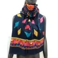 Foulard blu navy con stampa di piume multicolore