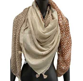 4-sided patchwork scarf in shades of beige and orange