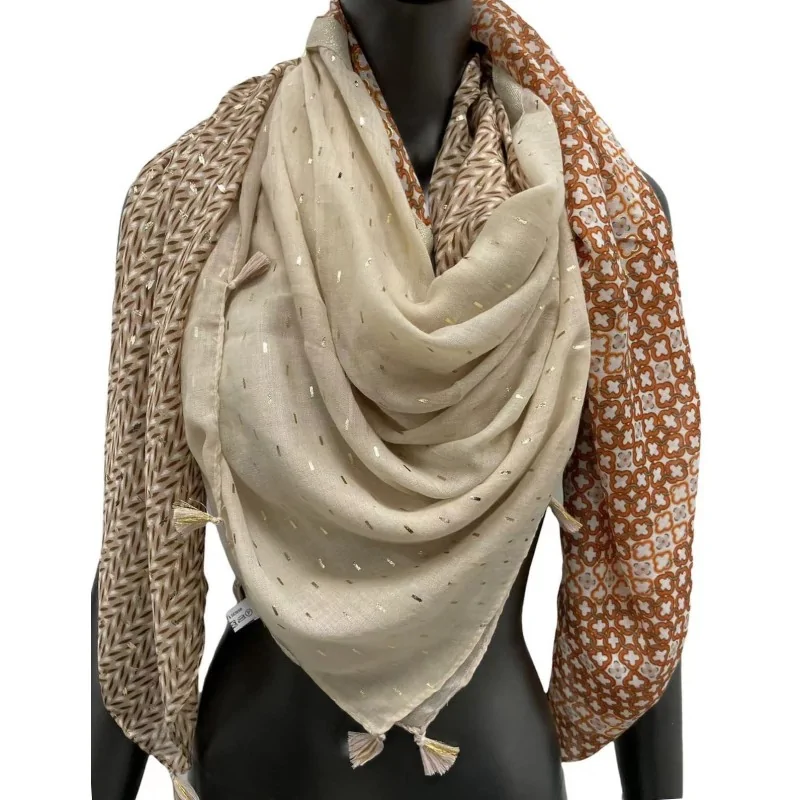 Foulard 4 faces patchwork nuances de beige orange