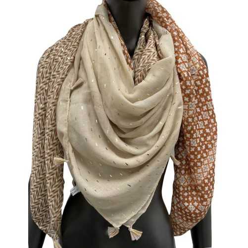 4-sided patchwork scarf in shades of beige and orange