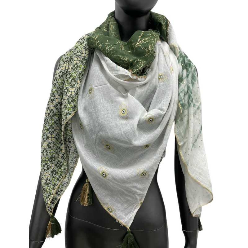 4-sided patchwork scarf in shades of khaki