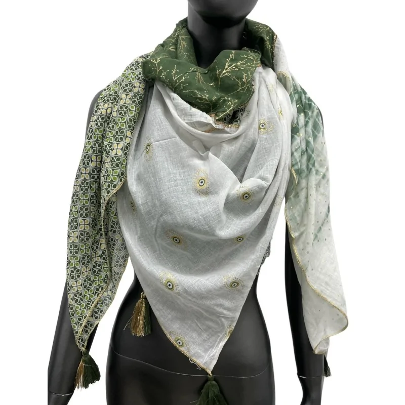 Foulard 4 faces patchwork nuances kaki