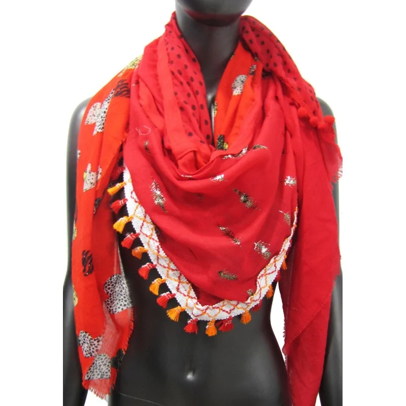 Foulard a 4 lati patchwork rosso cuore e piuma