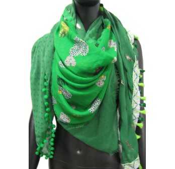 4-sided patchwork scarf, Brazilian green with heart and feather