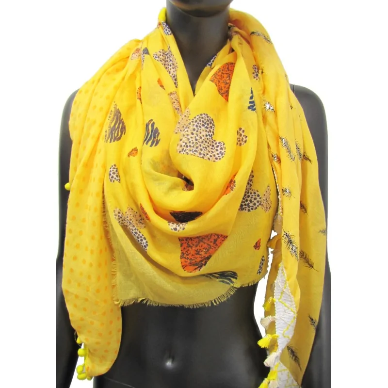 Foulard 4 faces patchwork jaune cœur et plume