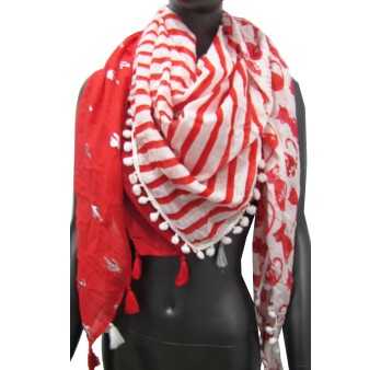 4-sided red patchwork scarf with sailor and cat pattern