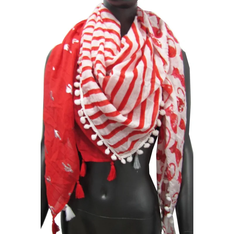 4-sided red patchwork scarf with sailor and cat pattern