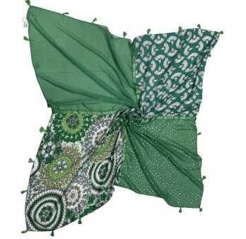 Square patchwork scarf with printed flowers and green peacock tail