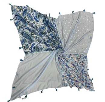 Foulard carré patchwork imprimé cachemire et liberty bleu