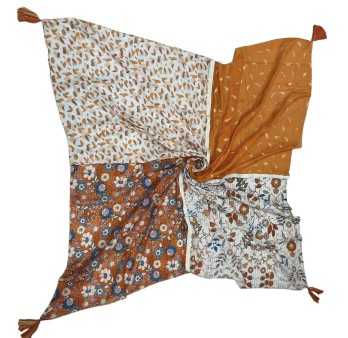 Square patchwork scarf with orange stains and flowers print