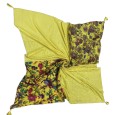 Bright yellow patchwork scarf with flowers and stars