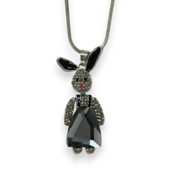 Fancy silver-colored long necklace with grey rhinestone bunny