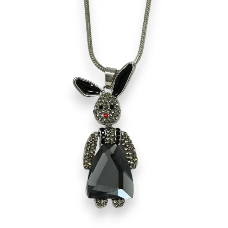 Collier fantaisie long argenté lapin strass gris