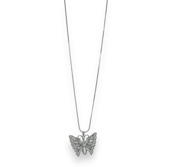 Argentene Fantasie Halskette mit grauem Stein und Strass in Form eines Schmetterlings