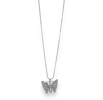 Collier fantaisie argenté papillon pierre grise et strass