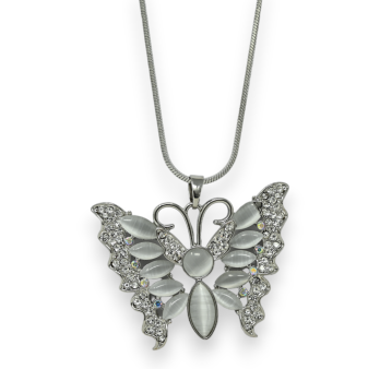 Collana fantasia argento farfalla pietra grigia e strass