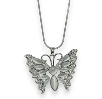 Collier fantaisie argenté papillon pierre grise et strass