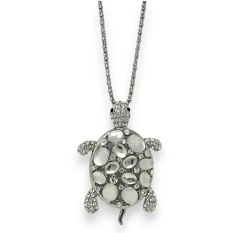 Collier fantaisie argenté tortue pierre brillante