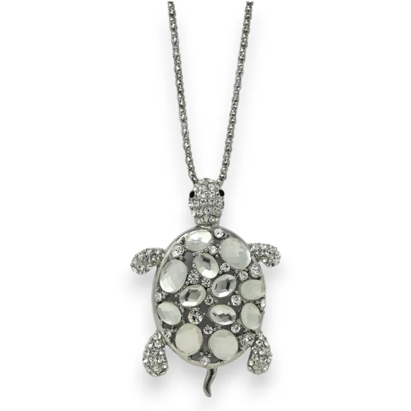 Collier fantaisie argenté tortue pierre brillante