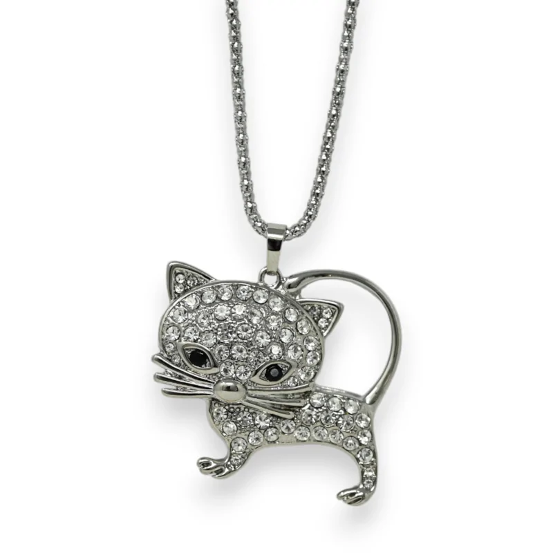 Collier fantaisie chaton strass argenté