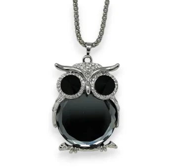 Owl Necklace Grey Mirror Stone and White Rhinestones 40cm