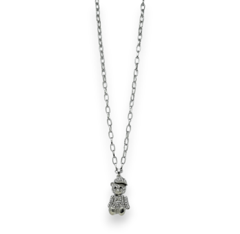 Fancy silver long necklace featuring bear cap with rhinestones