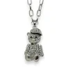 Fancy silver long necklace featuring bear cap with rhinestones