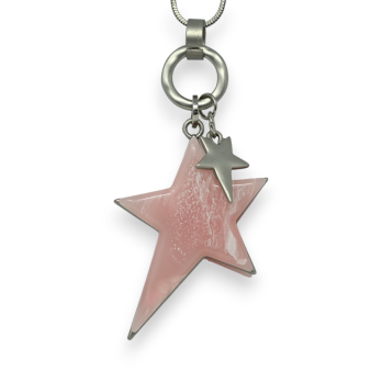 Collana fantasia lunga argentata spazzolata stella rosa rilievo asimmetrico