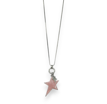 Collana fantasia lunga argentata spazzolata stella rosa rilievo asimmetrico