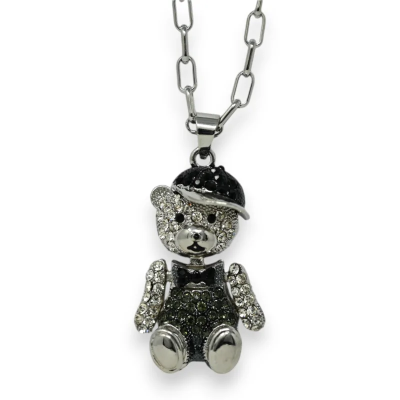 Collier long fantaisie argenté nounours casquette mode