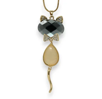 Fancy golden cat necklace with grey and beige stones