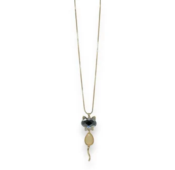 Fancy golden cat necklace with grey and beige stones