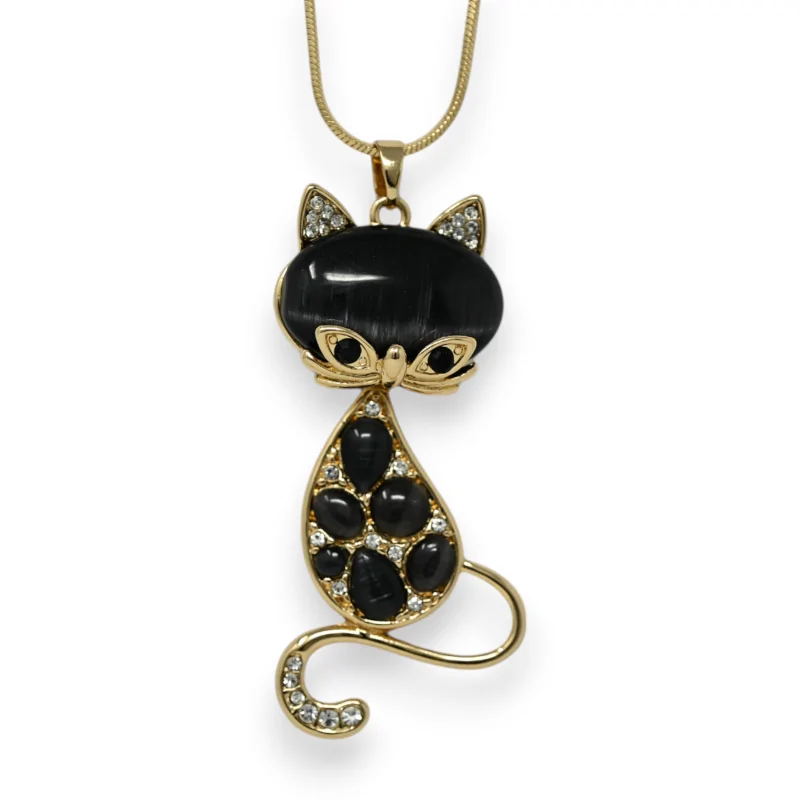 Collier fantaisie doré chat pierres noires