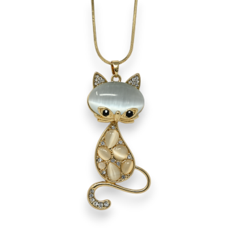 Fancy golden cat necklace with white stone