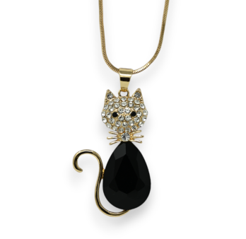 Golden long fancy necklace with black and shiny cat