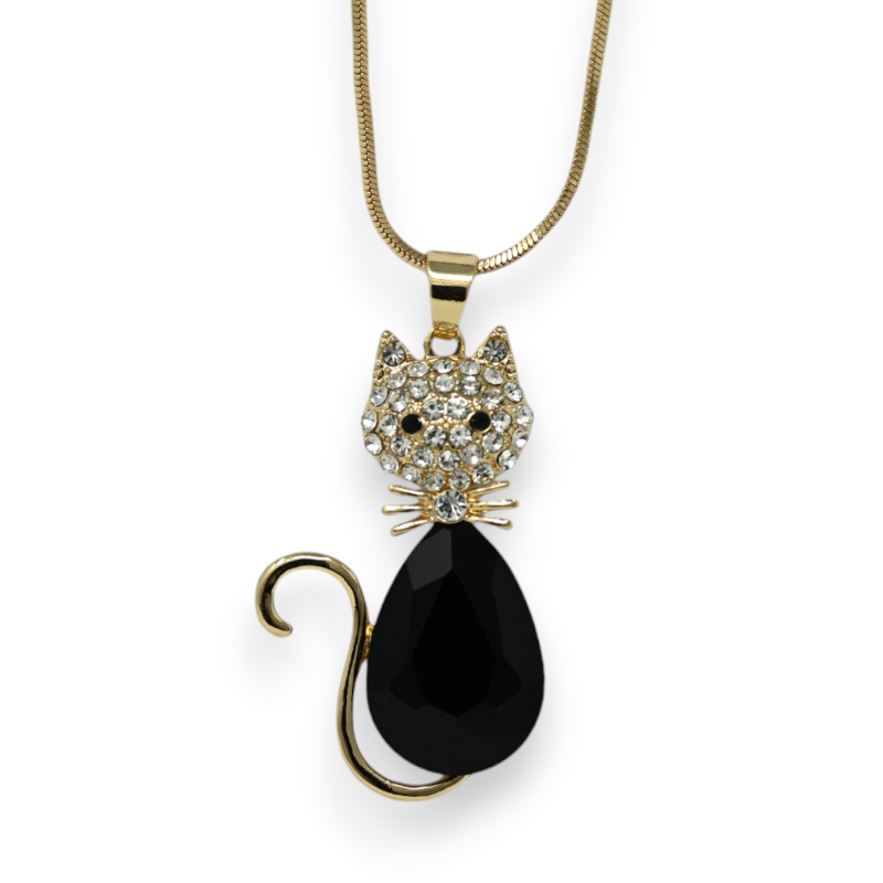 Golden long fancy necklace with black and shiny cat