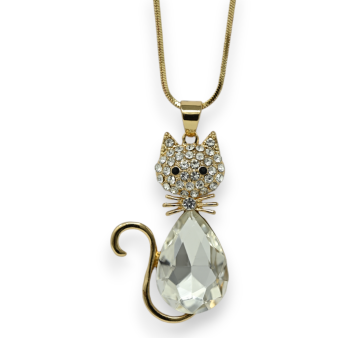 Gold long necklace with cat stone and white rhinestone