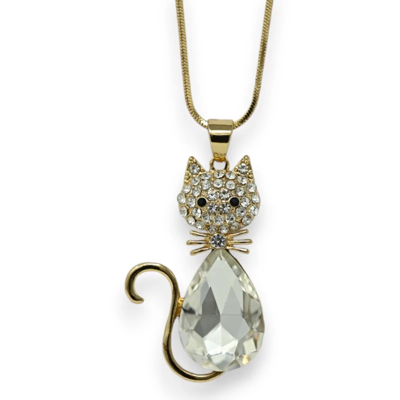 Collier long doré chat pierre et strass blanc