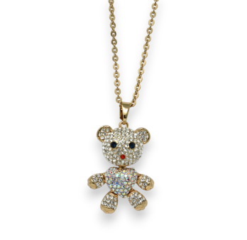 Fancy long gold necklace with a small articulated teddy bear with rhinestones