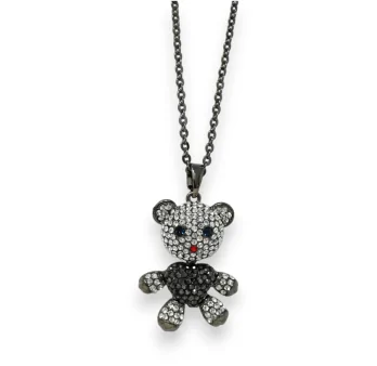 Collier fantaisie argenté gris foncé nounours strass