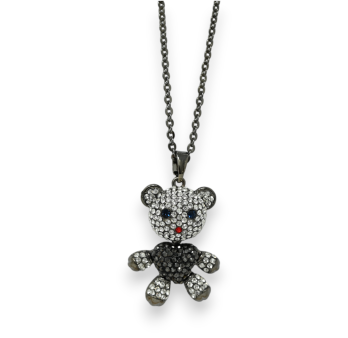 Silver-gray dark teddy bear rhinestone fancy necklace