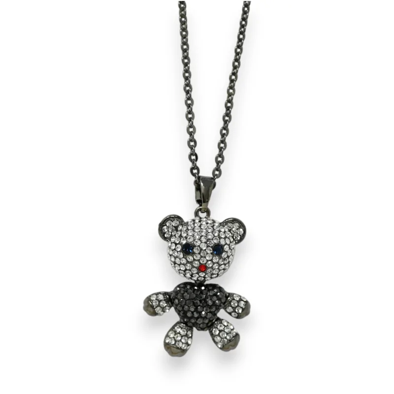 Collier fantaisie argenté gris foncé nounours strass