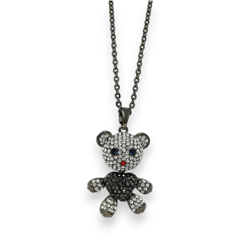 Silver-gray dark teddy bear rhinestone fancy necklace