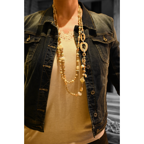 Sautoir-Halskette mit 2 Reihen in Beige-Nuancen, Perlen und Steinen