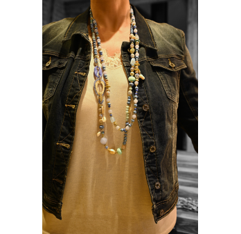 2-row long necklace in shades of blue with beads and stones