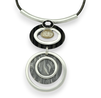 Fancy double medallion geometric necklace in black and grey