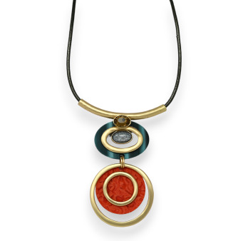 Fancy double medallion geometric necklace in orange and blue