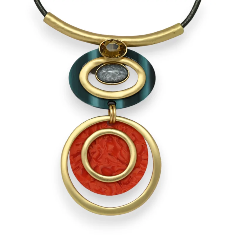 Collier fantaisie double médaillon géométrie orange et bleu