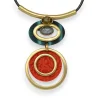 Collier fantaisie double médaillon géométrie orange et bleu