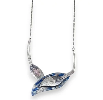 Collier fantaisie argenté feuilles bleu et rose